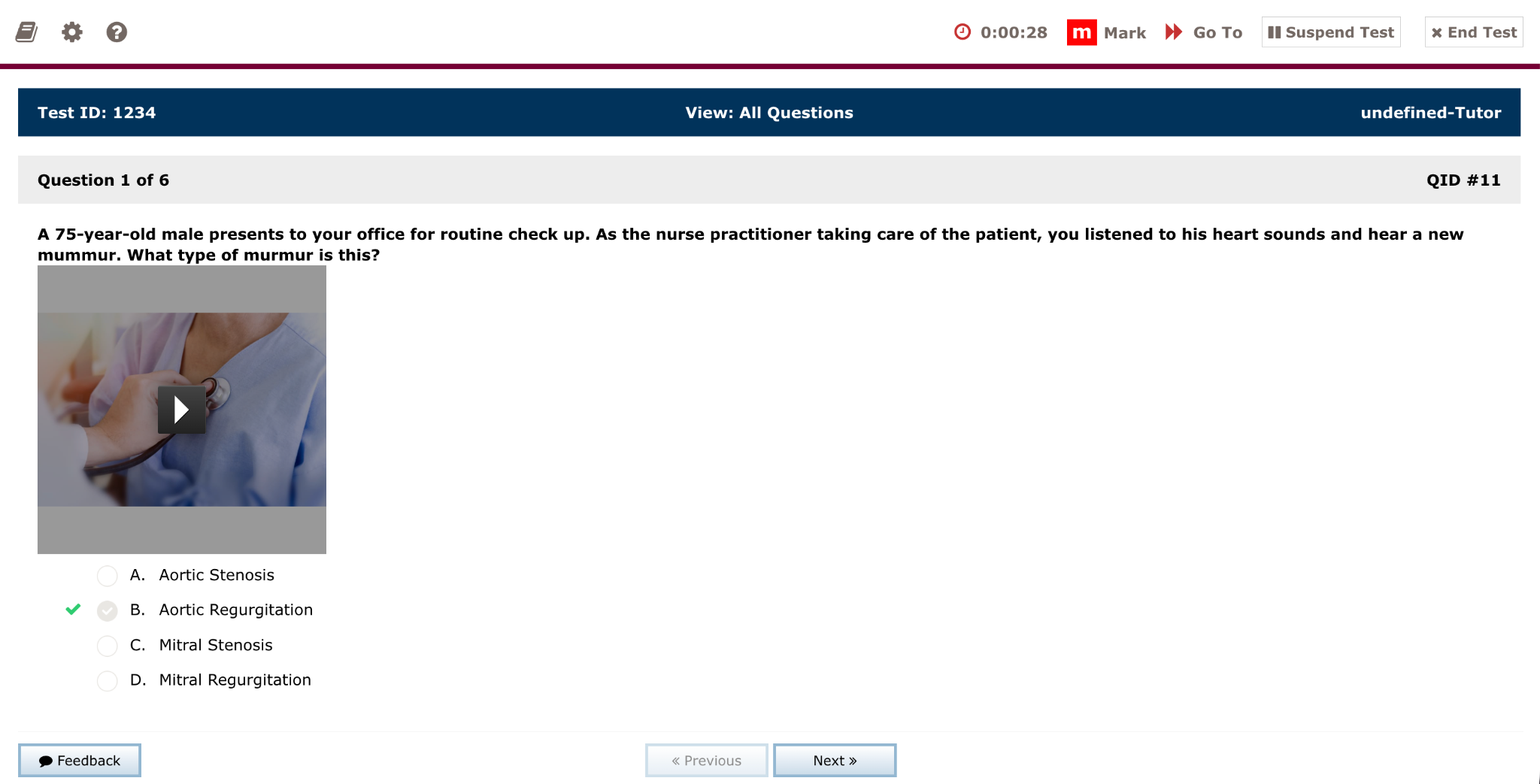 CrushTheNPExam QBank question screen with a timer, mark-for-review controls, answer choices, and clinical media
