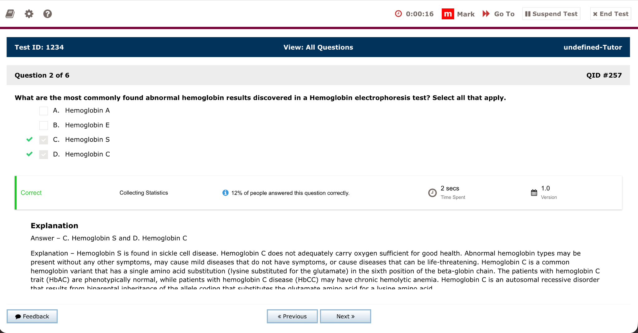 CrushTheNPExam QBank answer review showing feedback, time spent, and a written explanation