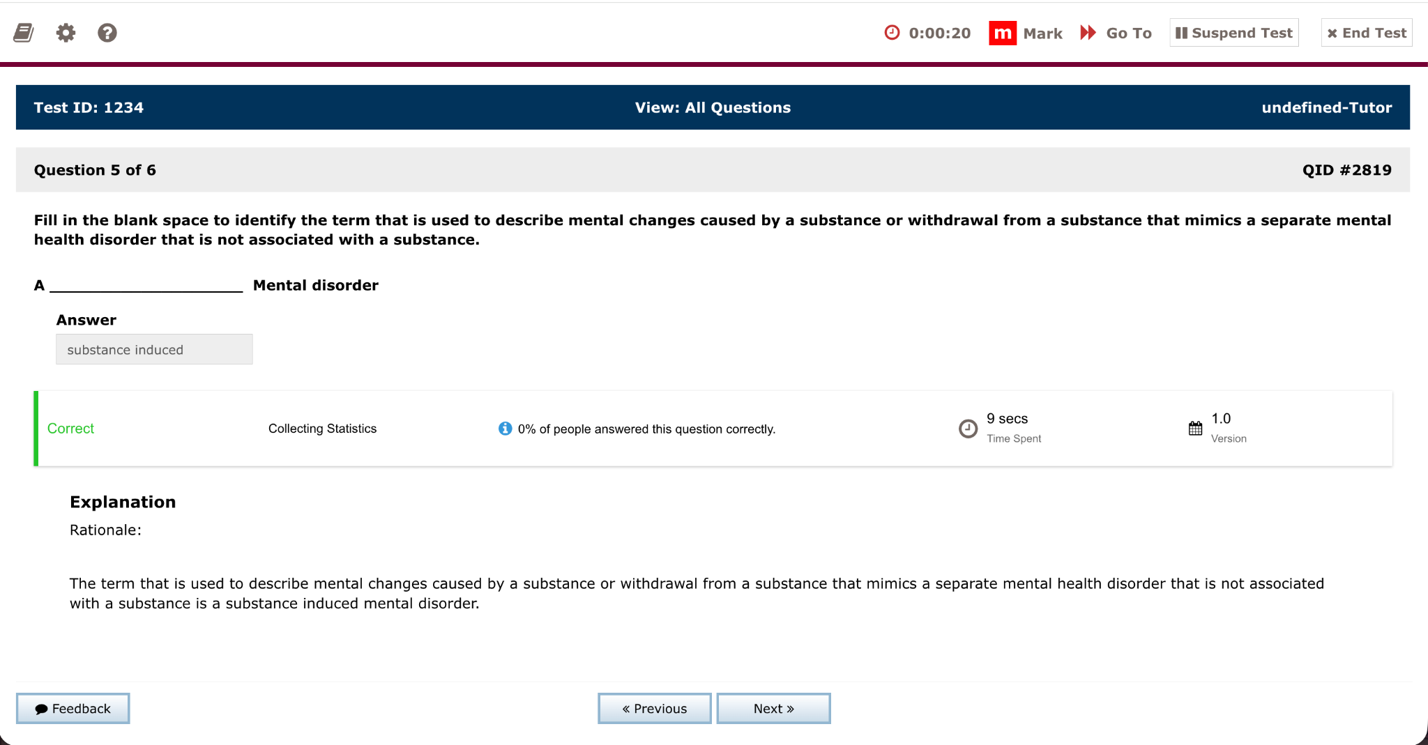 CrushTheNPExam QBank fill-in-the-blank practice screen with answer feedback and rationale